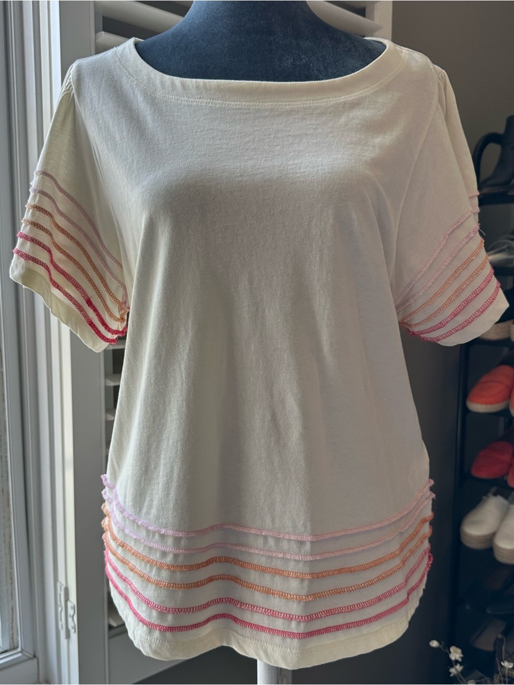 Tribal Jeans Boat Neck Short Sleeve 100% Cotton Top with Contrast Stitching